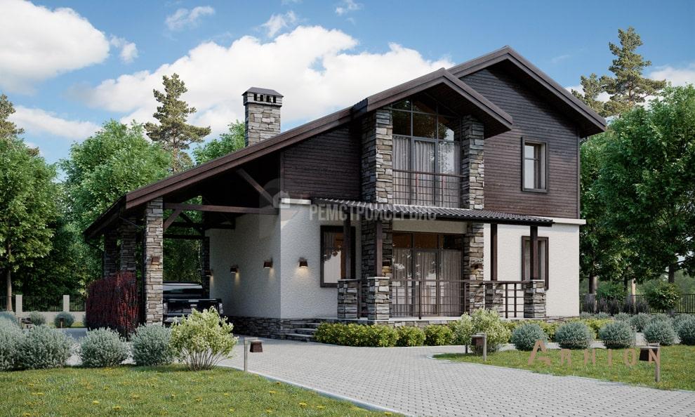 3. Проект одноэтажного дома в финском стиле с двускатной кровлей, t-46-01, площадью - 143 кв c мансардой, терассой, балконом